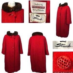 1950-60's Vintage Stroock Vintage Red Boucle wool fur collar coat size medium